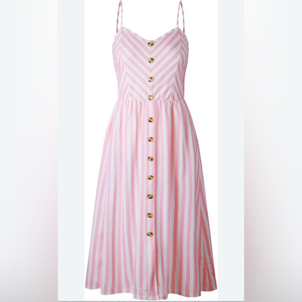 Boho Beach Sundress Pink Striped Resort Ware Cami Straps Dress Size Medium M